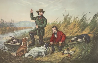Tiro do pato selvagem, um bom esporte dos dias, bar. 1852, Currier & Ives